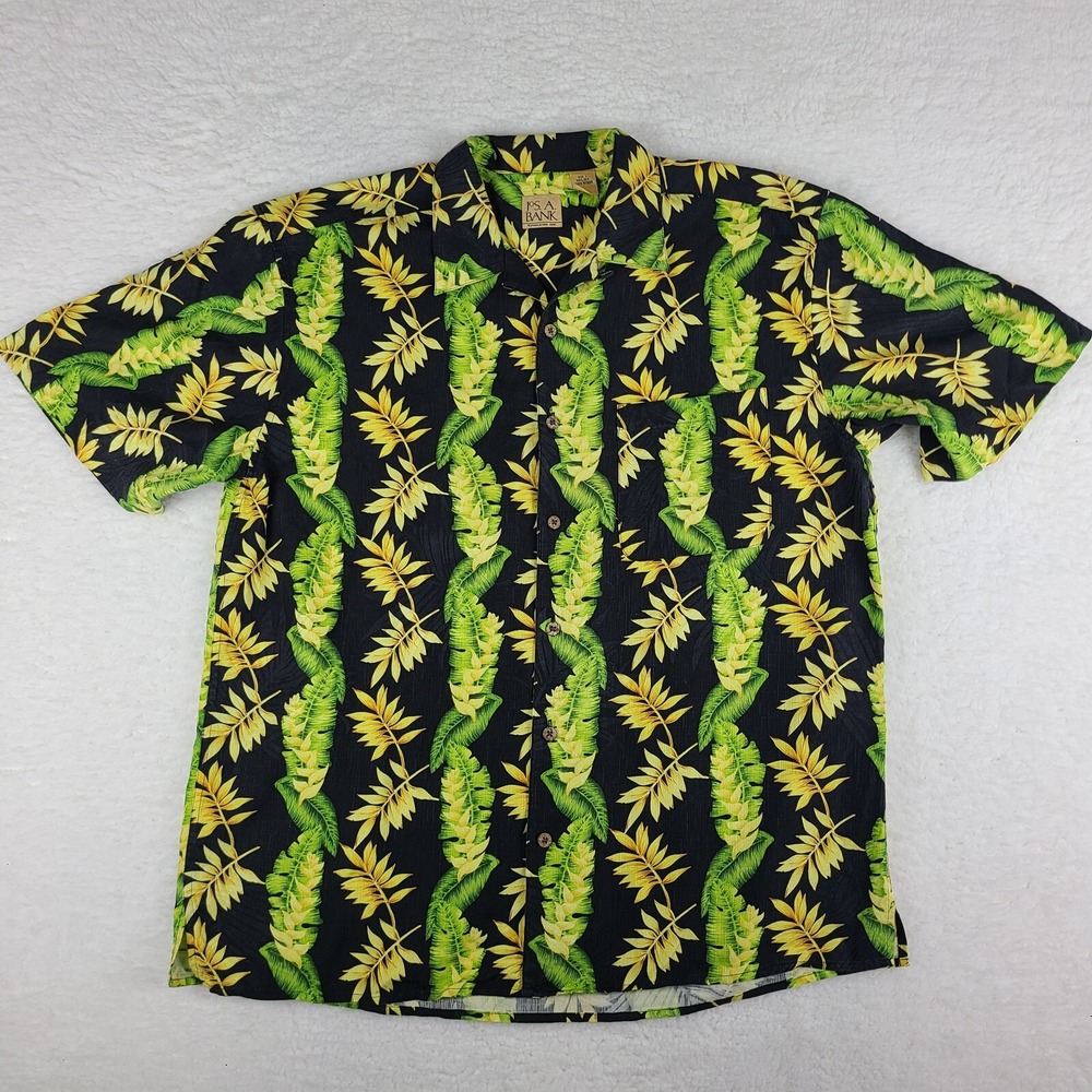 Jos A Bank 1905‎ Shirt Mens Large Black Green Floral Casual Hawaiian Button Up